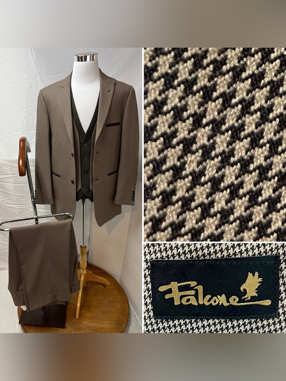 Falcone Men's 44R Blazer 38R Pants Vest Tan Brown Houndstooth 3-Piece Suit